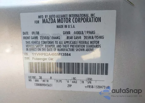 2009 Mazda Mazda6 I Grand Touring z USA, uszkodzony, nr VIN 1YVHP82A495M13584